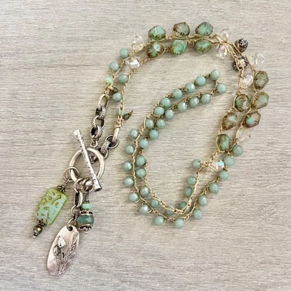 ARTISAN OOAK Sea Green Beaded Crocheted Necklace with Specialty Accents & Charms - Picture 4 of 11